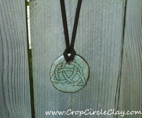 Sage Green Celtic Ceramic Pendant - Ancient Symbol - Celtic Knot Pendant - Robins Egg, Dark Brown Suede Cord