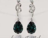 Wedding Earrings, Bridesmaid Earrings, Bridal Jewelry - Cubic Zirconia Detailed Knot Earring with Swarovski Emerald Green Teardrop (E248)