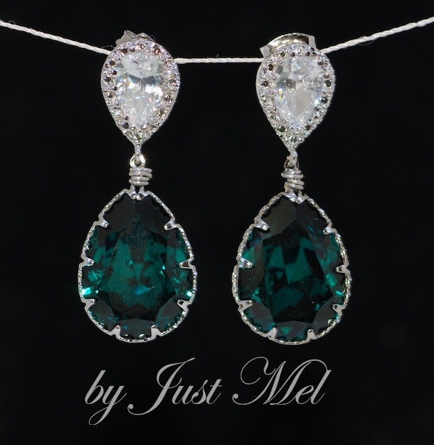 Wedding Earrings, Bridesmaid Earrings, Bridal Jewelry - Cubic Zirconia Teardrop Earring with Swarovski Emerald Green Teardrop Crystal (E273)