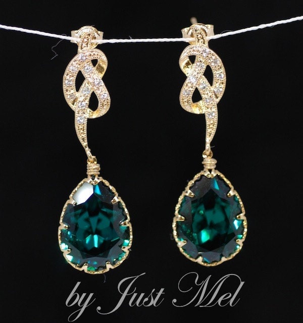 Emerald Green Earrings, Gold Plated Cubic Zirconia Detailed Knot Earring - Wedding Earrings, Bridesmaid Earrings, Bridal Jewelry (E281)