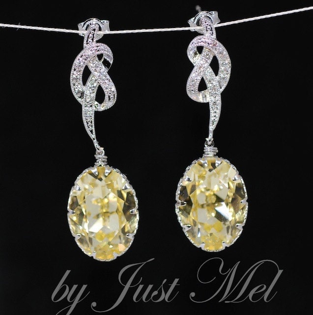 Wedding Earrings, Bridesmaid Earrings, Bridal Jewelry - Cubic Zirconia Detailed Knot Earring with Swarovski Jonquil Oval Crystal (E371)