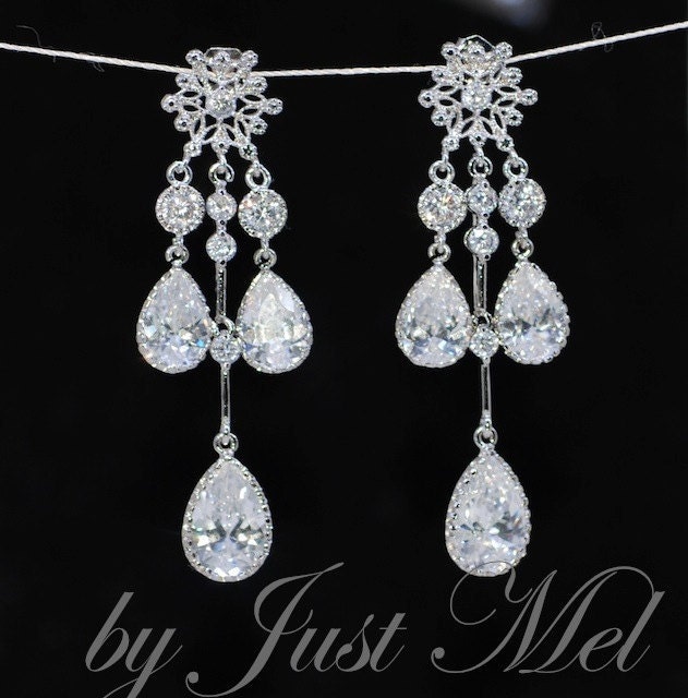 Chandelier Cubic Zirconia Teardrop Earrings - Wedding Earrings, Bridesmaid Earrings, Bridal Jewelry (E386)