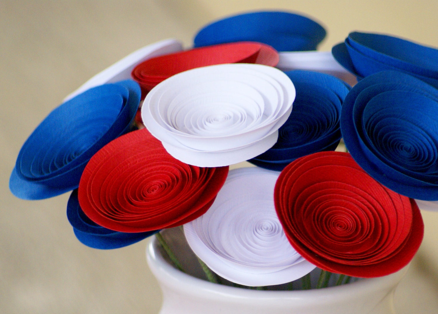 18 Red White and Blue Paper Flowers, Memorial Day Decor