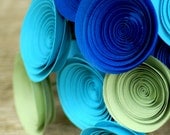 18 Peacock Inspired Paper Flowers in Royal Blue, Turquoise and Sage, Paper Bouquet in Peacock Colors