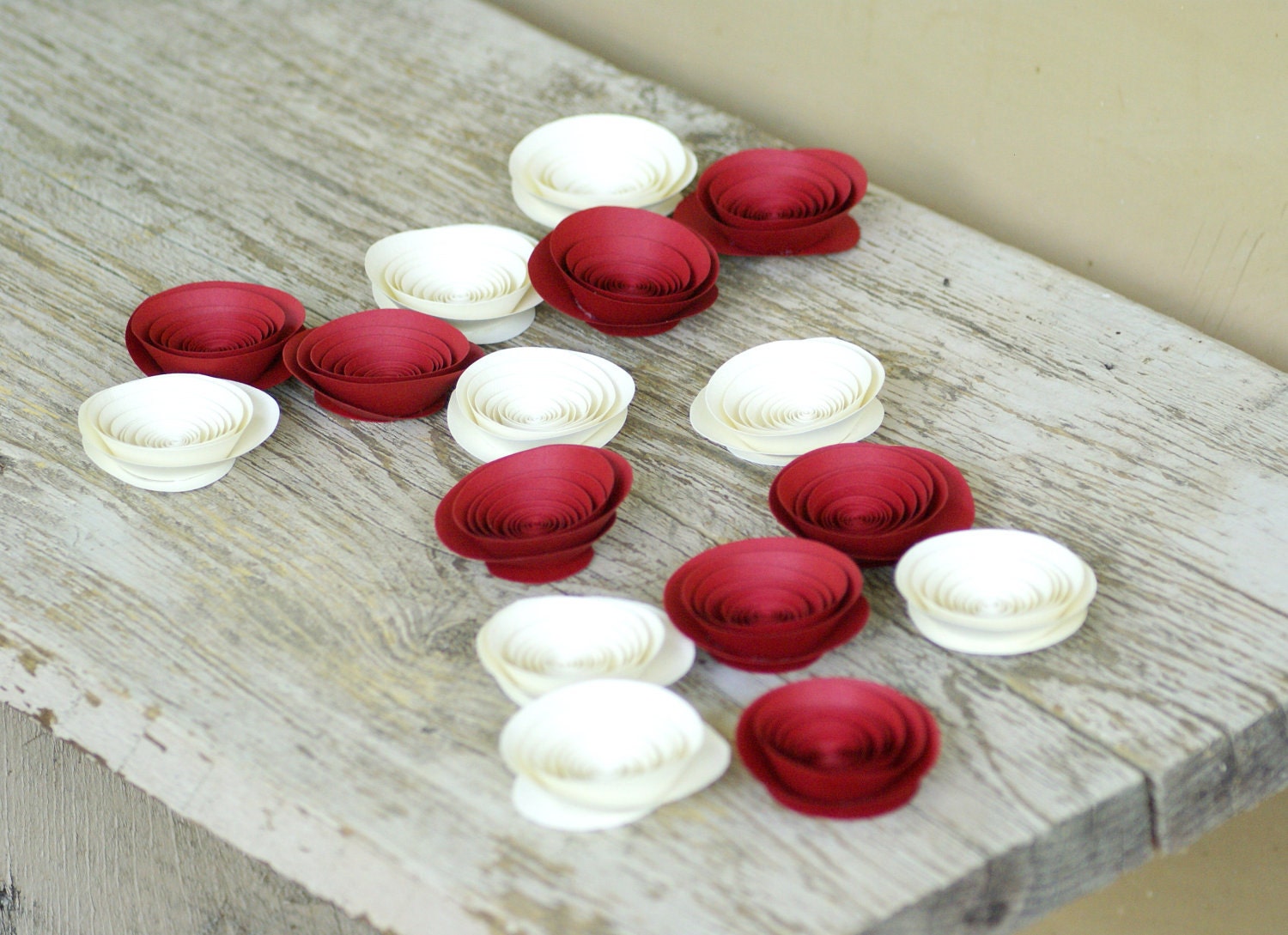 16 Handmade Paper Flowers in Ivory and Crimson -- Fairytale Wedding -- Rustic Wedding -- Romantic Red and White Wedding