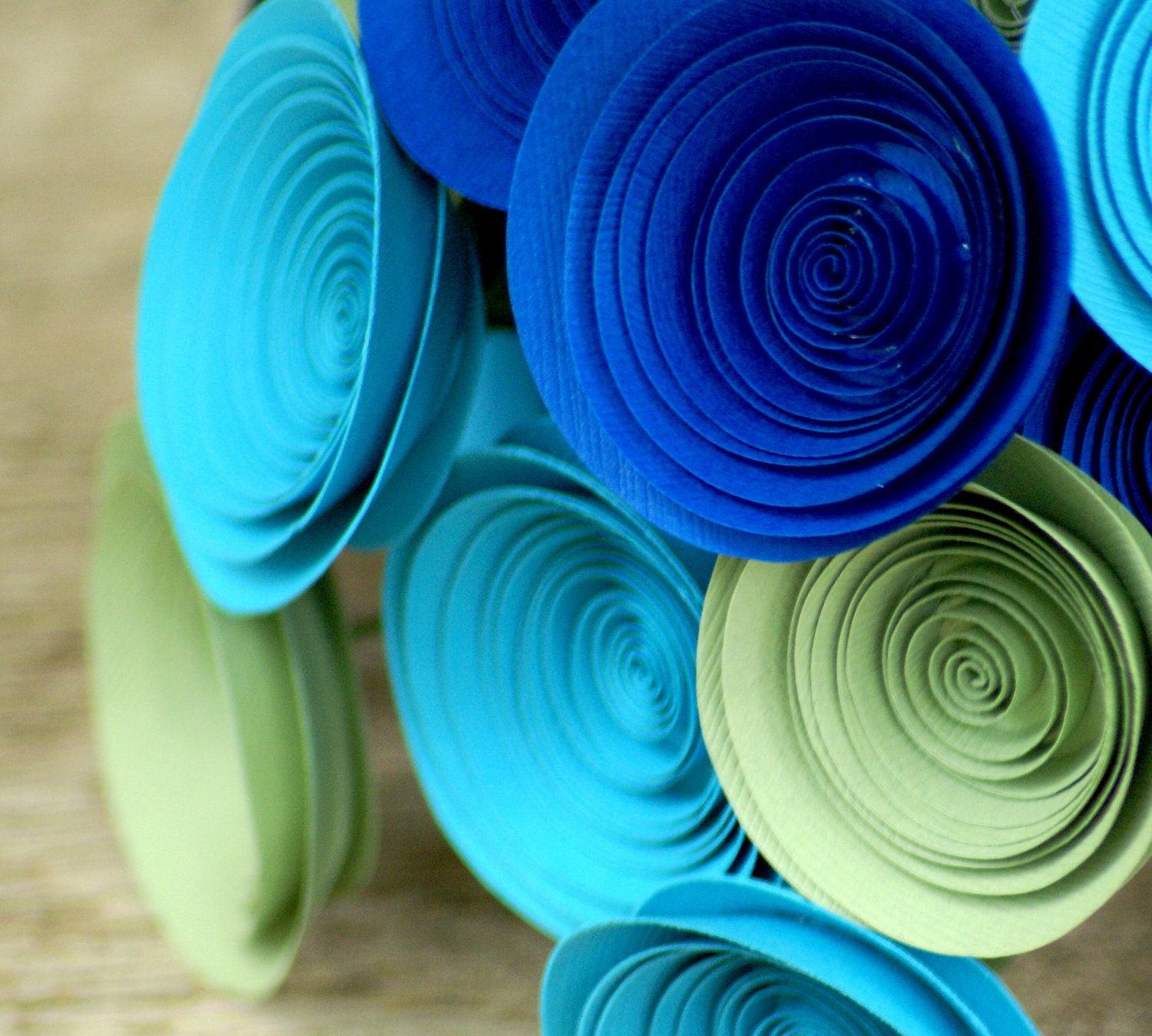18 Peacock Inspired Paper Flowers in Royal Blue, Turquoise and Sage, Paper Bouquet in Peacock Colors