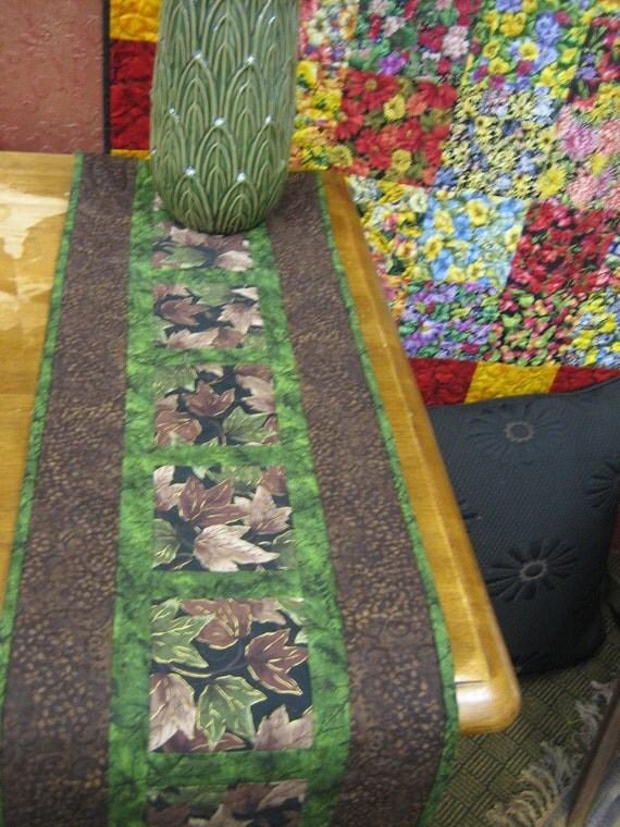 Warm Brown and Green Leaves Table Runner by TahoeQuilts on Etsy