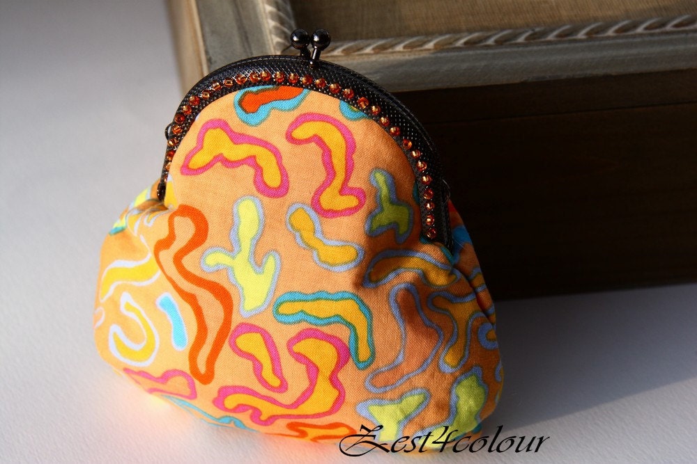 Gunmetal frame beaded Orange Coin purse