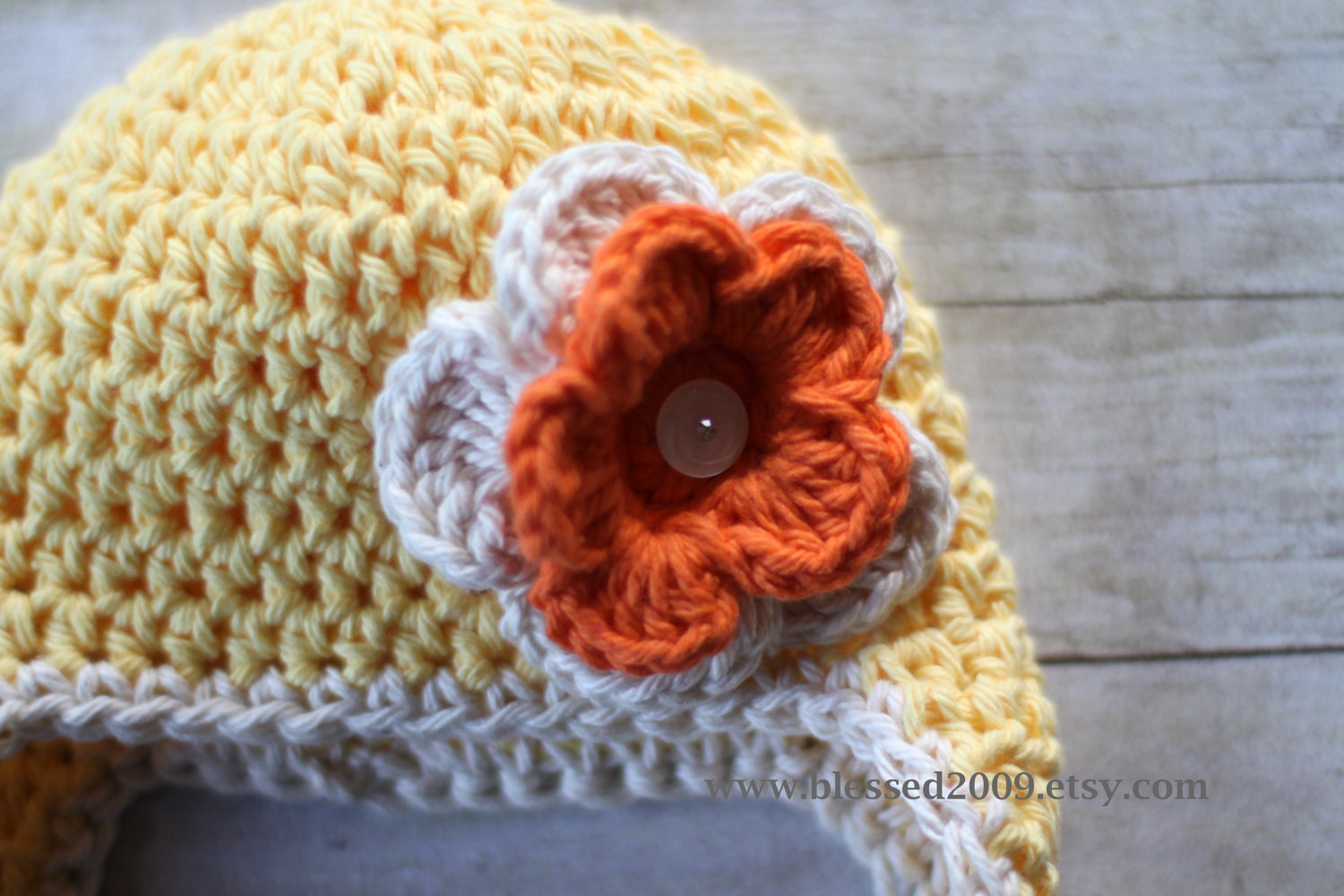 Baby Girl Beanie Hat with Ear Flaps  - Yellow, Orange, and Almond Flower Ear Flap Hat with Jewel Button - Made to Order
