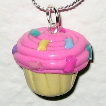 Pink Frosted Rainbow Sprinkles Vanilla Cupcake Necklace / Pendant