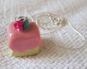Square Pink Rosebud Petit Four Neckace / Pendant