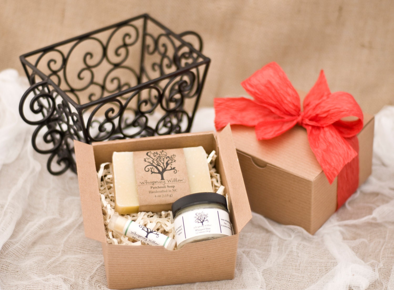 Eco Friendly Holiday Gift Box w/ Red Ribbon - Soap, Lotion or Bath Salt, and Lip Balm