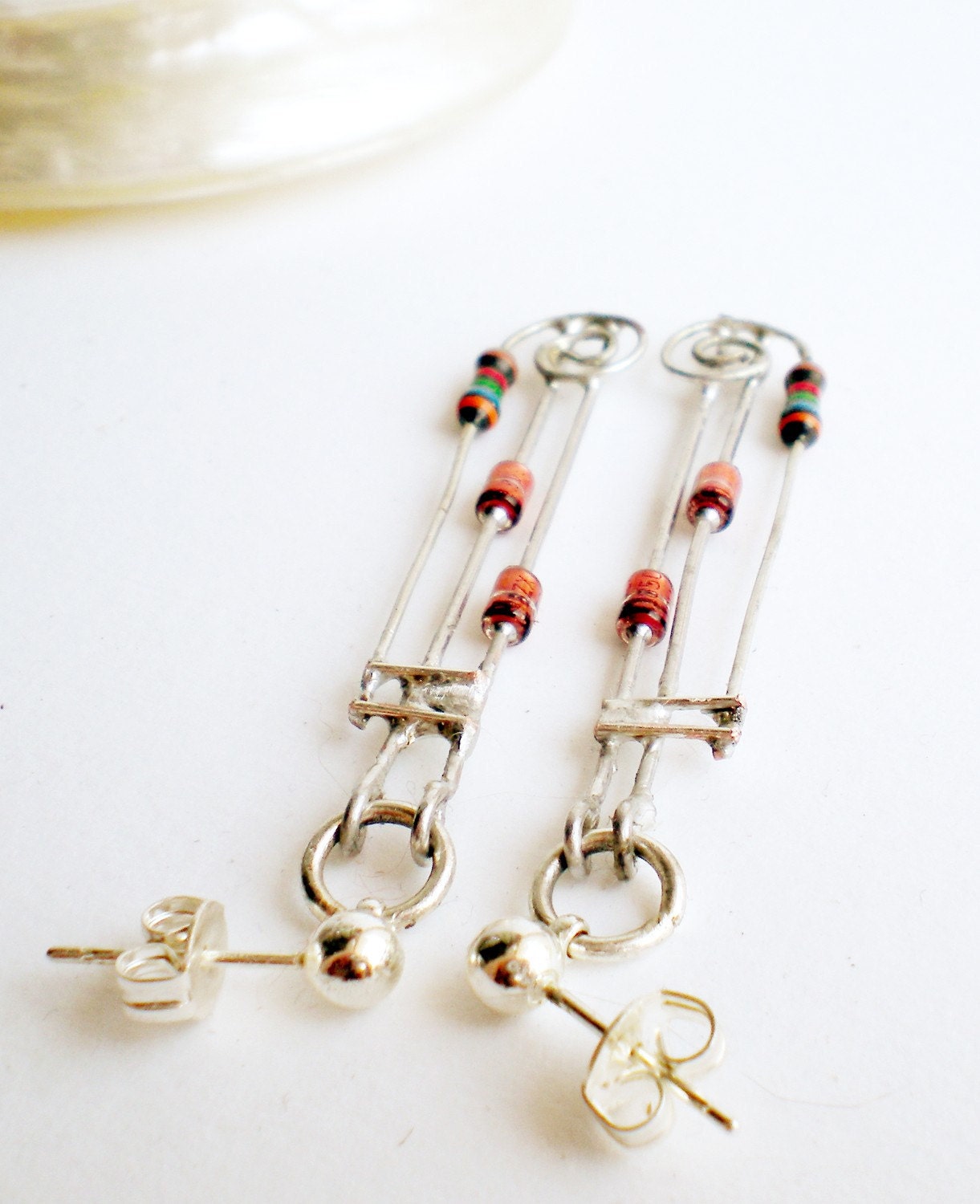 Earrings Dangle with Posts, Red Orange Earrings with Three Lines with a twist - Aula46