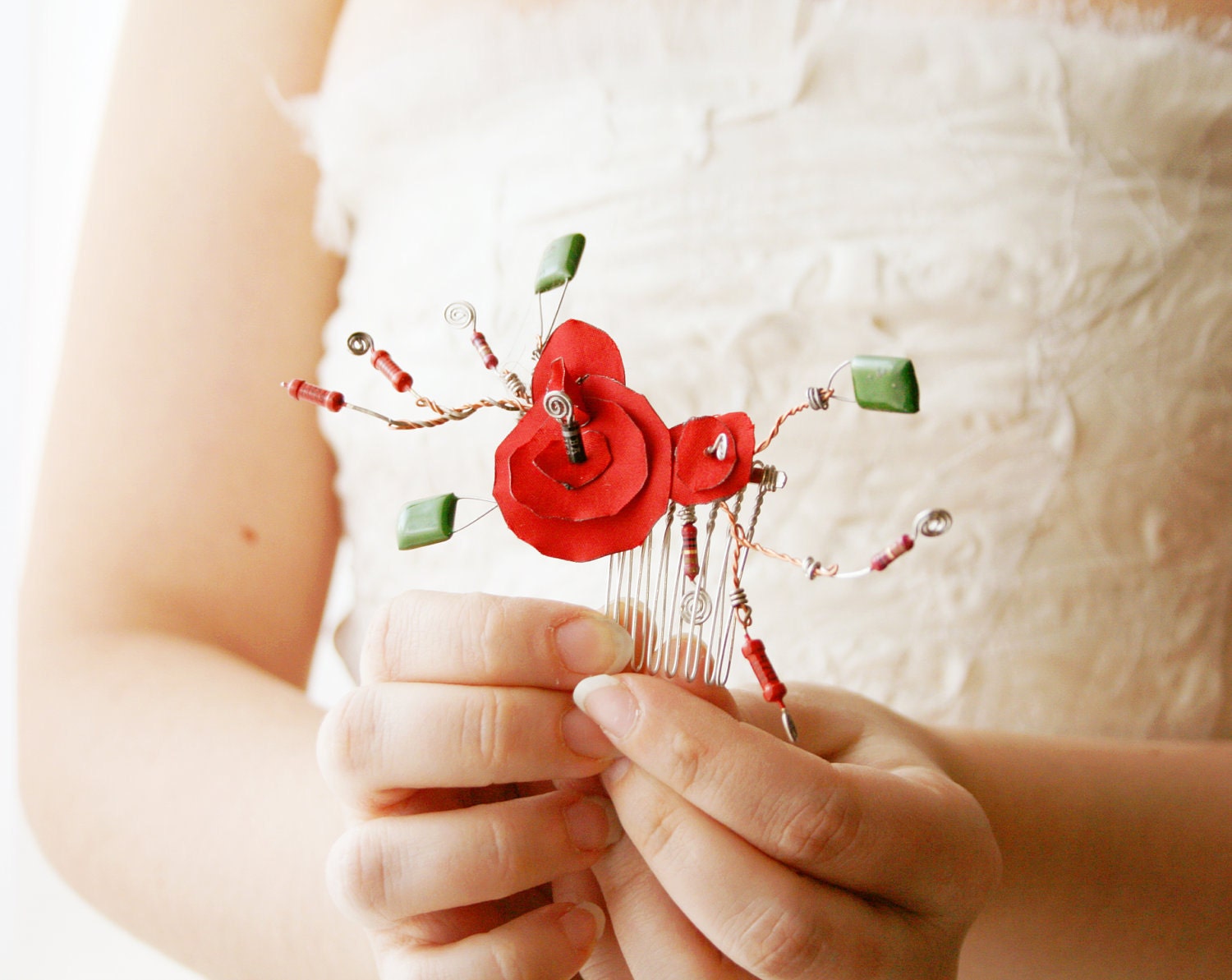 RESERVED - Red Poppy Flowers Wedding Hair Comb. Red Satin, Bridal Hair, Fascinator Comb