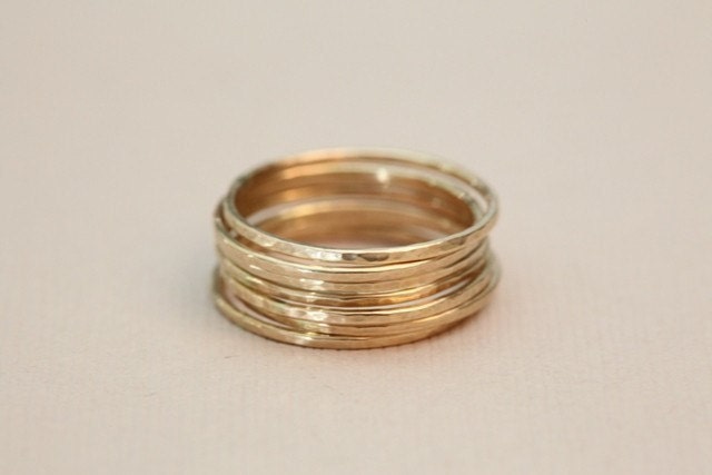 skinny stackable rings - set of 7 gold filled hammered rings