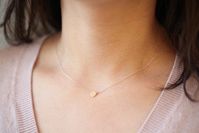 For your bridesmaid - Gold filled Initial tiny heart necklace by hand stamp - gold filled heart with sterling silver chain - MADE TO ORDER