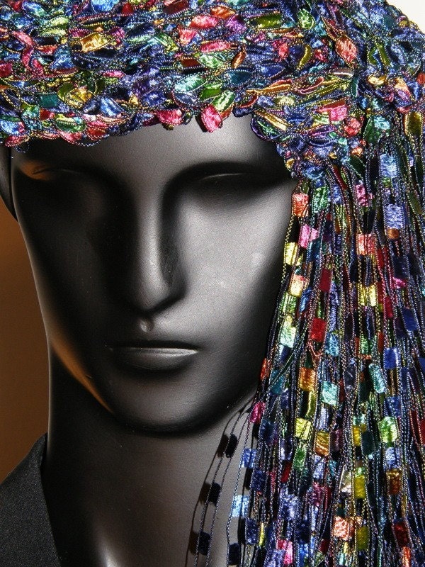 Fancy Ribbon Scarf Rainbow Color Hand Crocheted Pink Blue Yellow Confetti Fancy Ribbon Yarn
