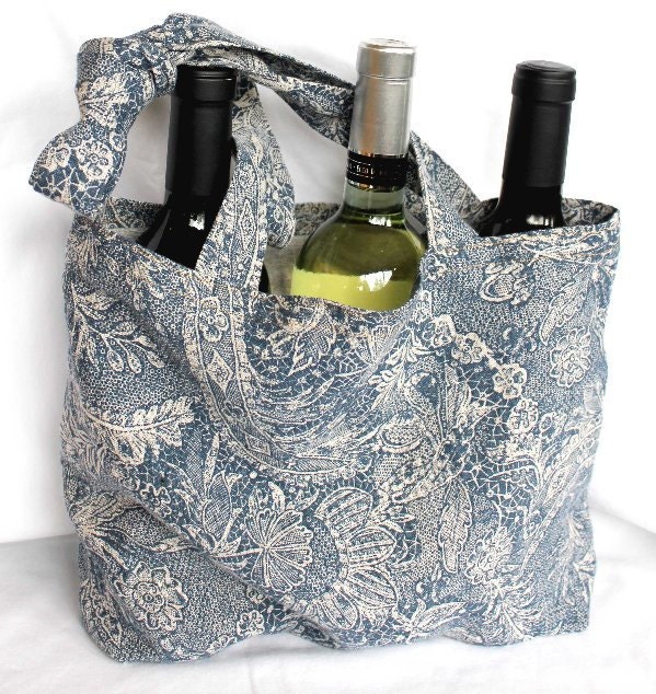 Blue and Gray Floral Linen Shopping Tote - CageFreeFibers