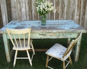 Primitive farmhouse work table with chippy old robin egg blue paint - littleshop86