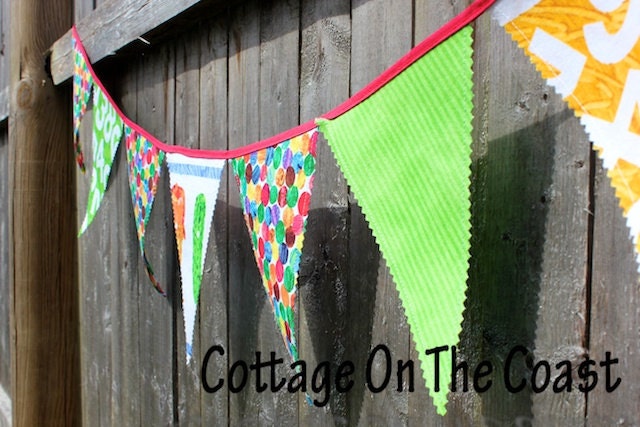 Birthday Party Flags ...Made With Very Hungry Caterpillar Fabric--Made to Order--