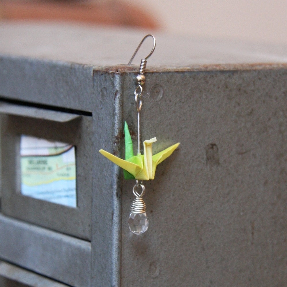Origami Bird Earrings with Egg - Yellow and Green