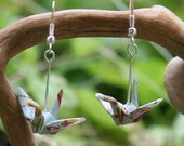 Origami Crane Earrings - Light Blue with Pastel Flowers