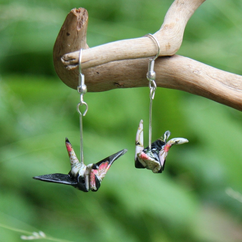 Origami Crane Earrings - Black with Pink and White Flowers