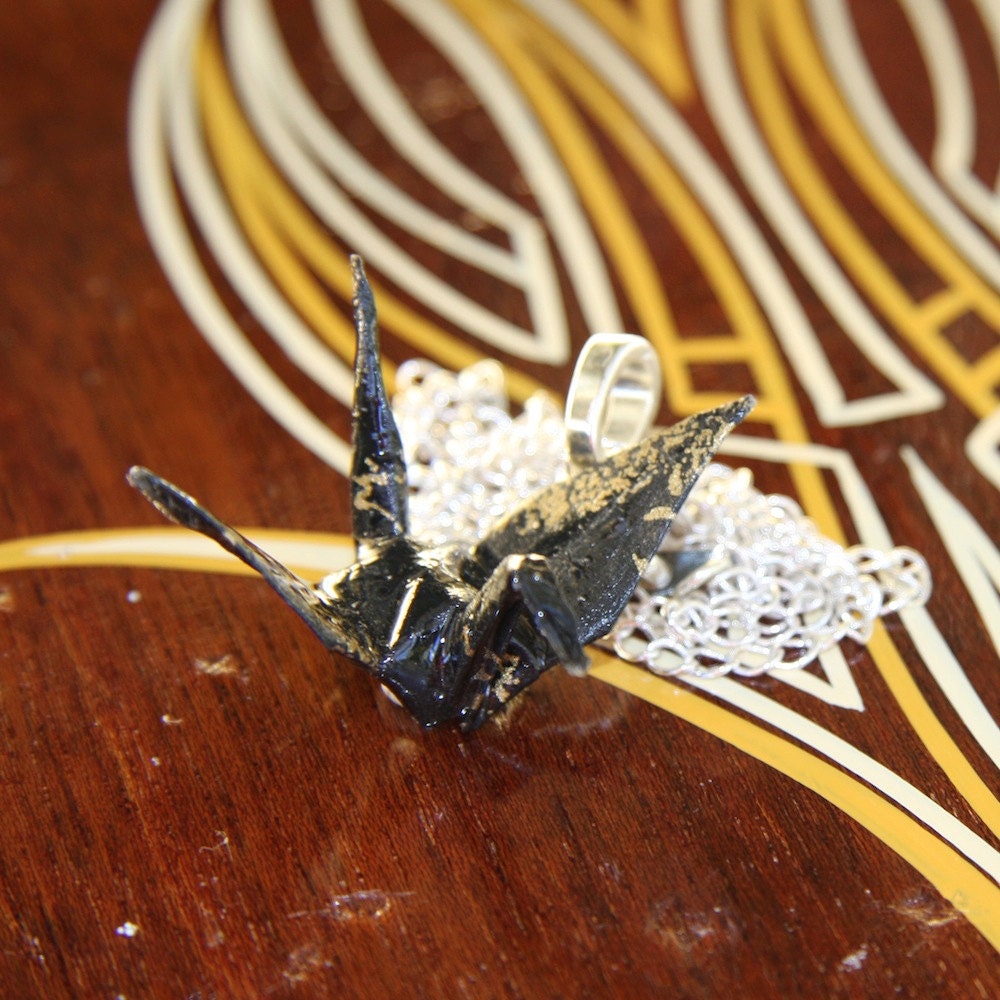 Origami Paper Crane Pendant Large - Black with Gold details