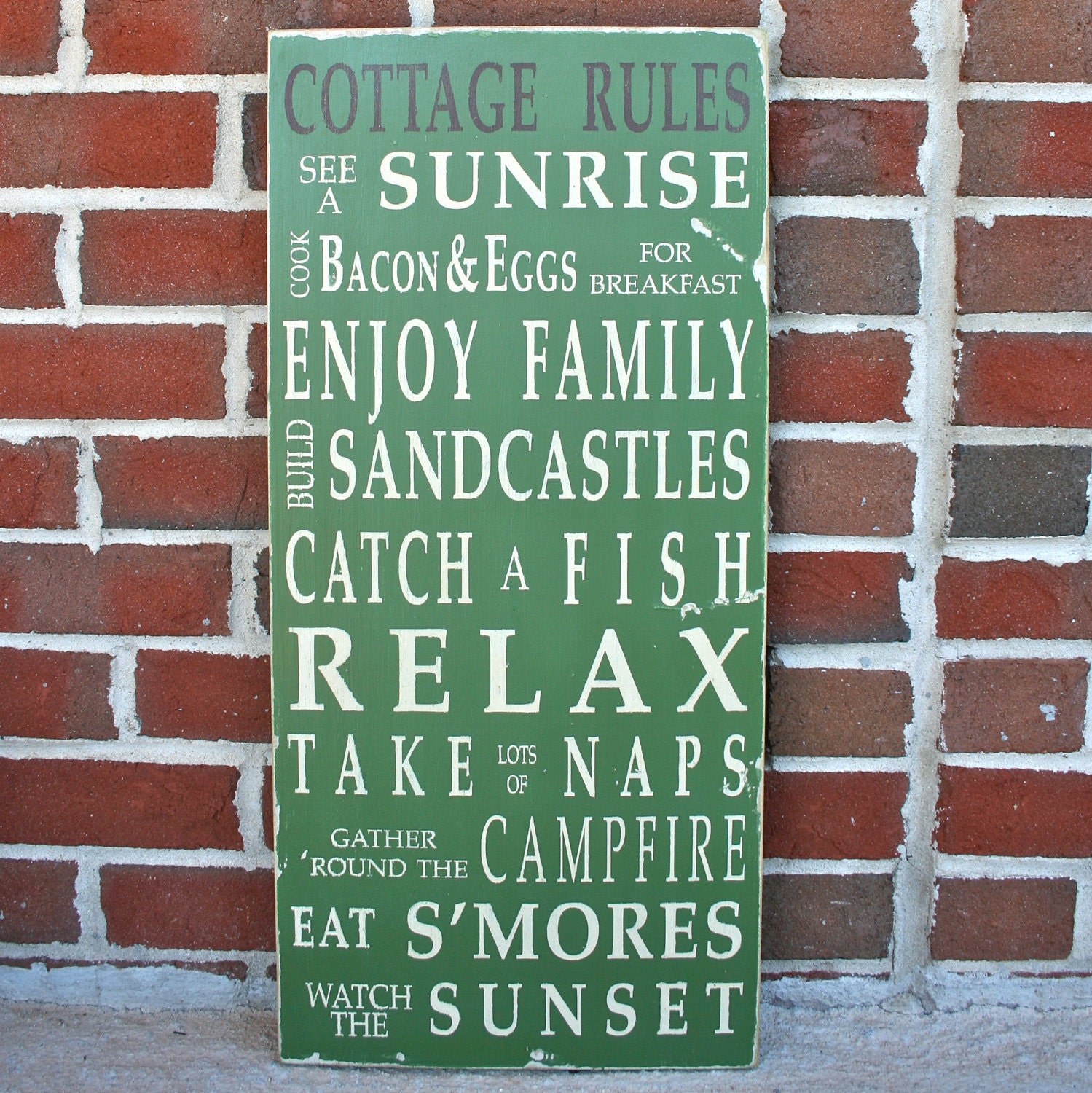 Cottage Rules Vintage Style Typography Word Art Sign in Medium Green