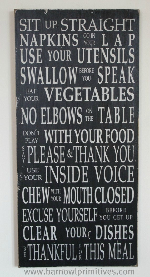 Table Manners Dinner Rules Sign - Typography Word Art in Black