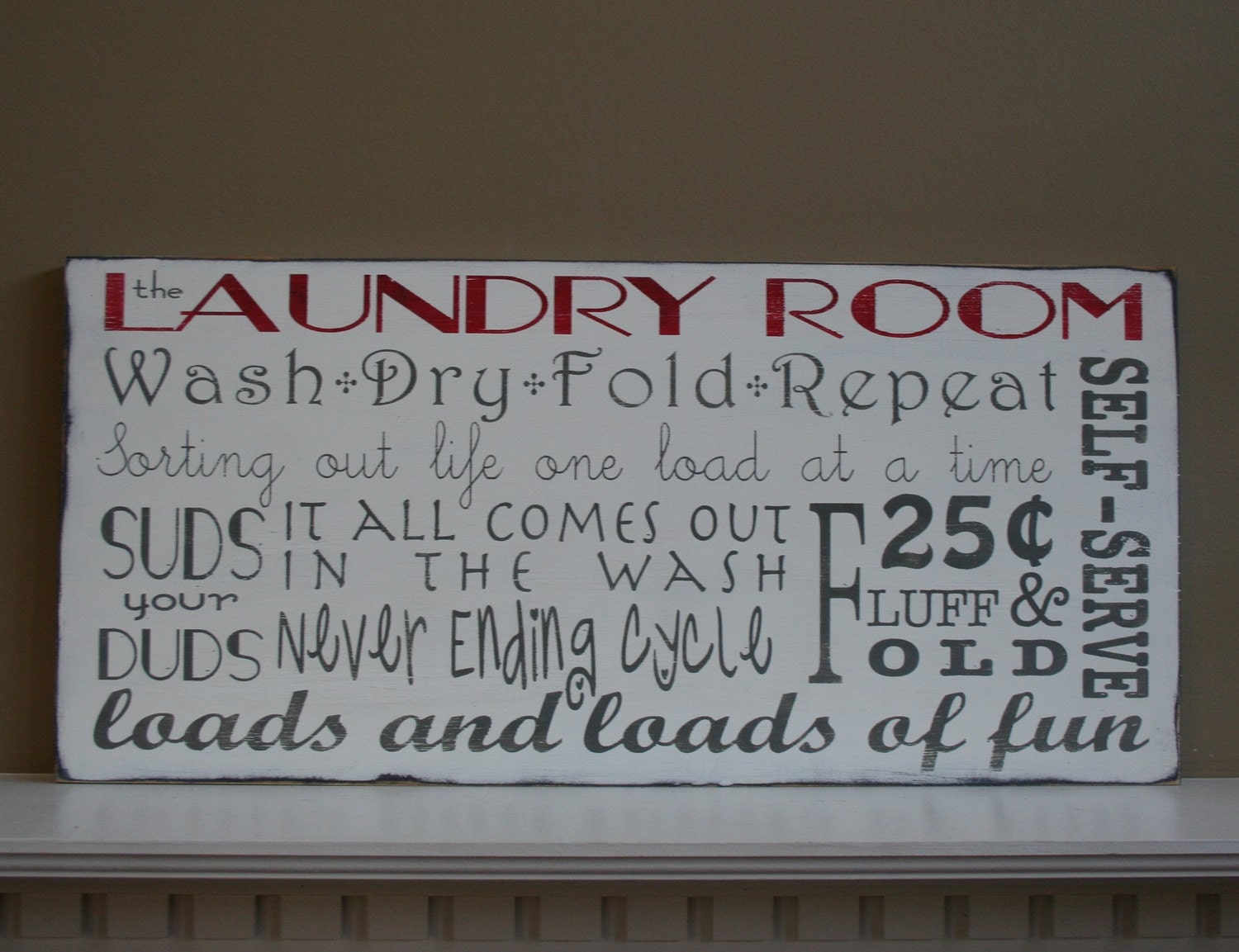 The Laundry Room Typography Word Art in Weather Worn White with Red