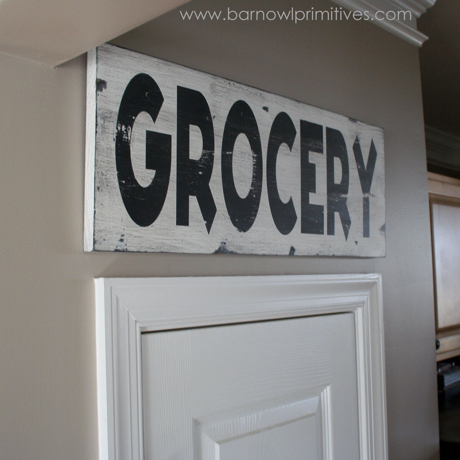 Grocery Heavily Distressed Vintage Style Sign in Weather Worn White with Black