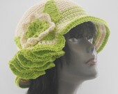 Mint Julep  Couture Cloche Cream and Lime Green Cotton Summer Wedding Chapeau