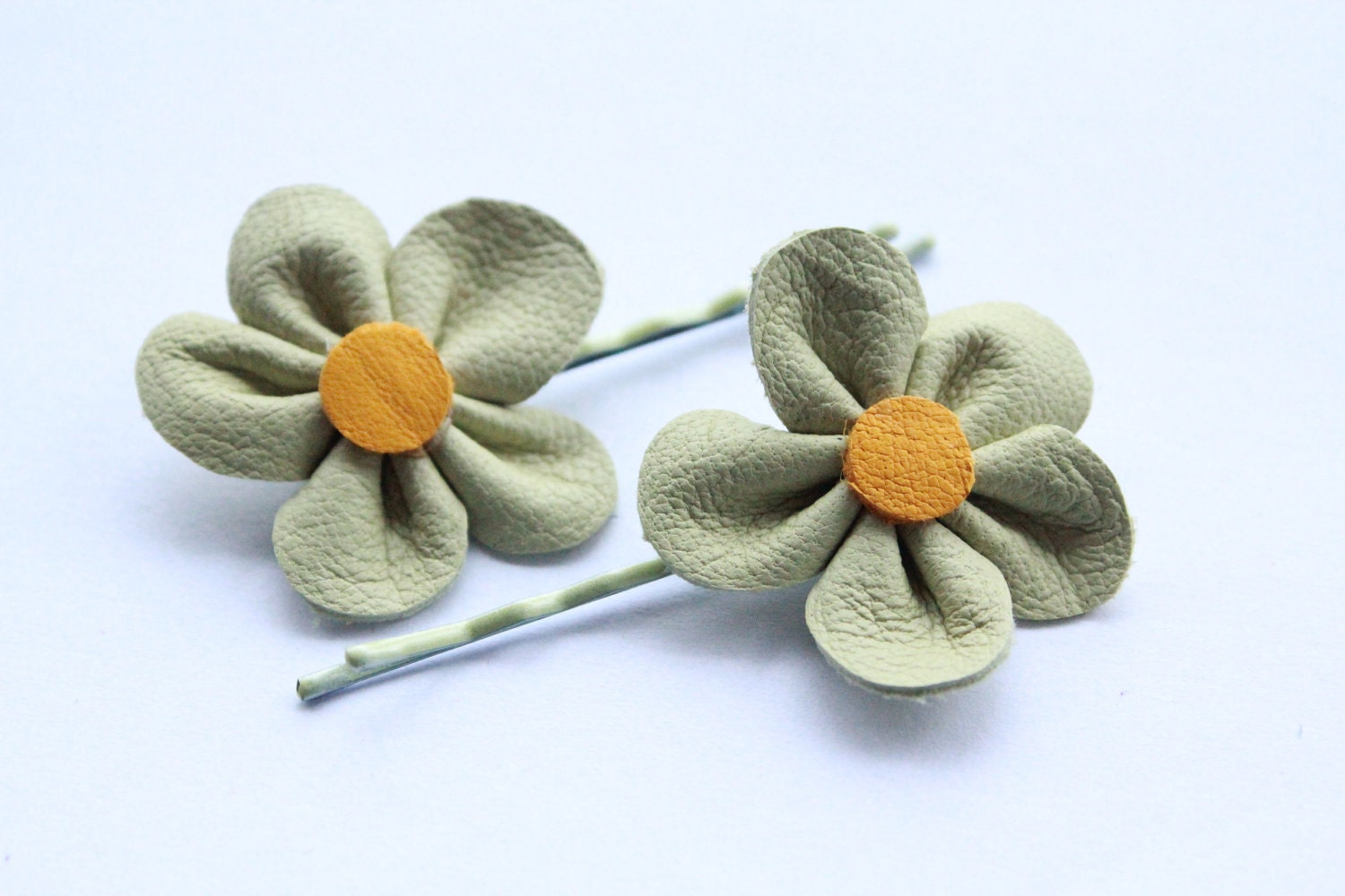 Light Green and Yellow  Daisy Flower Leather Bobby Pin Pair