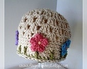 PDF Crochet Pattern Beautiful Spring Beanie Hat with Flowers Instructions for Size Newborn to Adult  No. 16