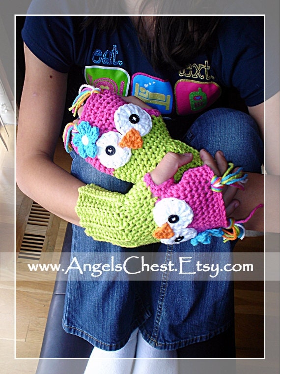 PDF Crochet Pattern Owl Hand Warmers - Fingerless Gloves Toddler to Adult Sizes No. 22