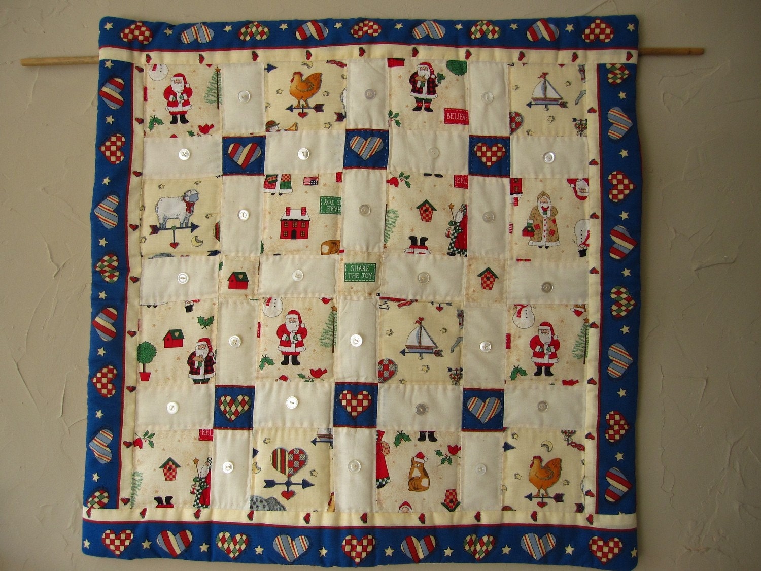 Holiday wall hanging quilt with vintage buttons