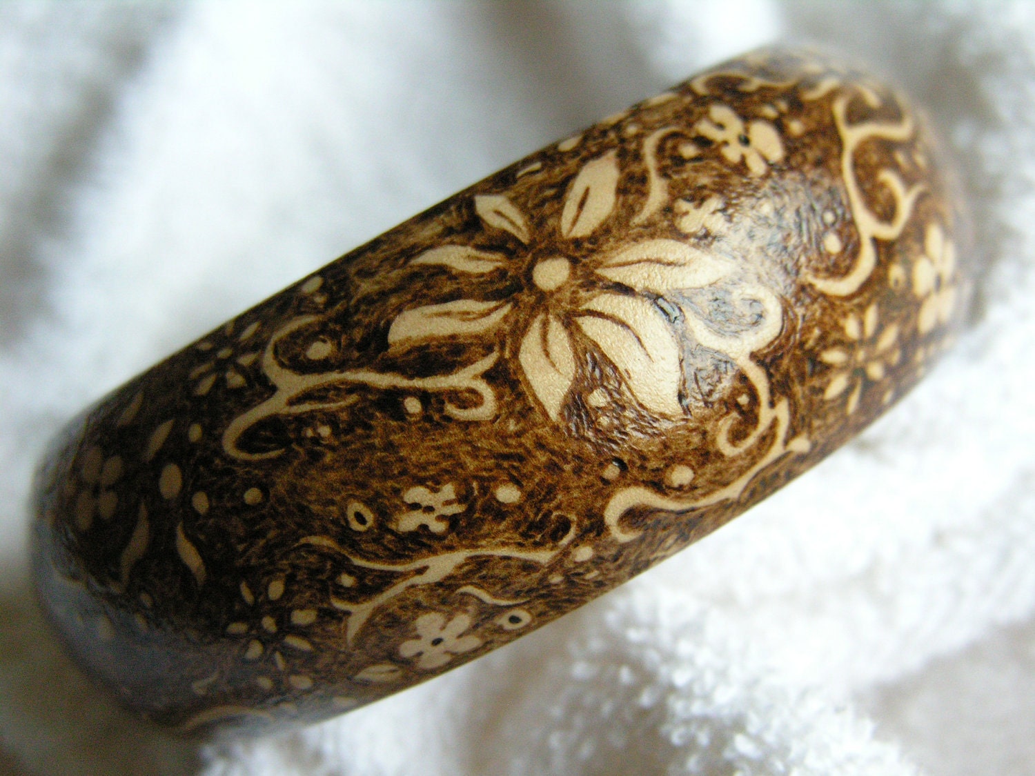 Pyrography Burned Wooden Bangle - Large with floral and vine design