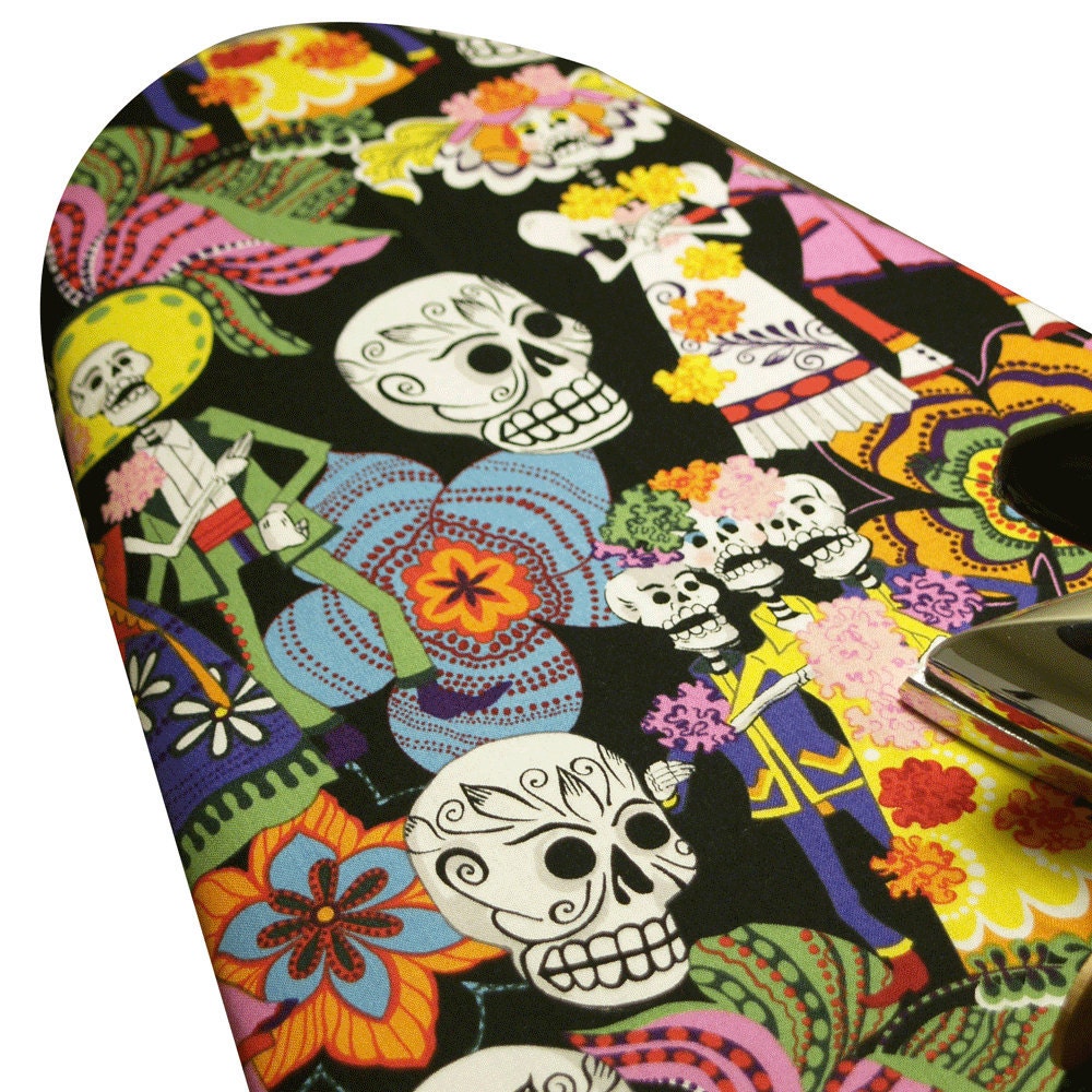 Ironing Board Cover with ELASTIC BINDING made with Alexander Henry's Day of the Dead in black fabric