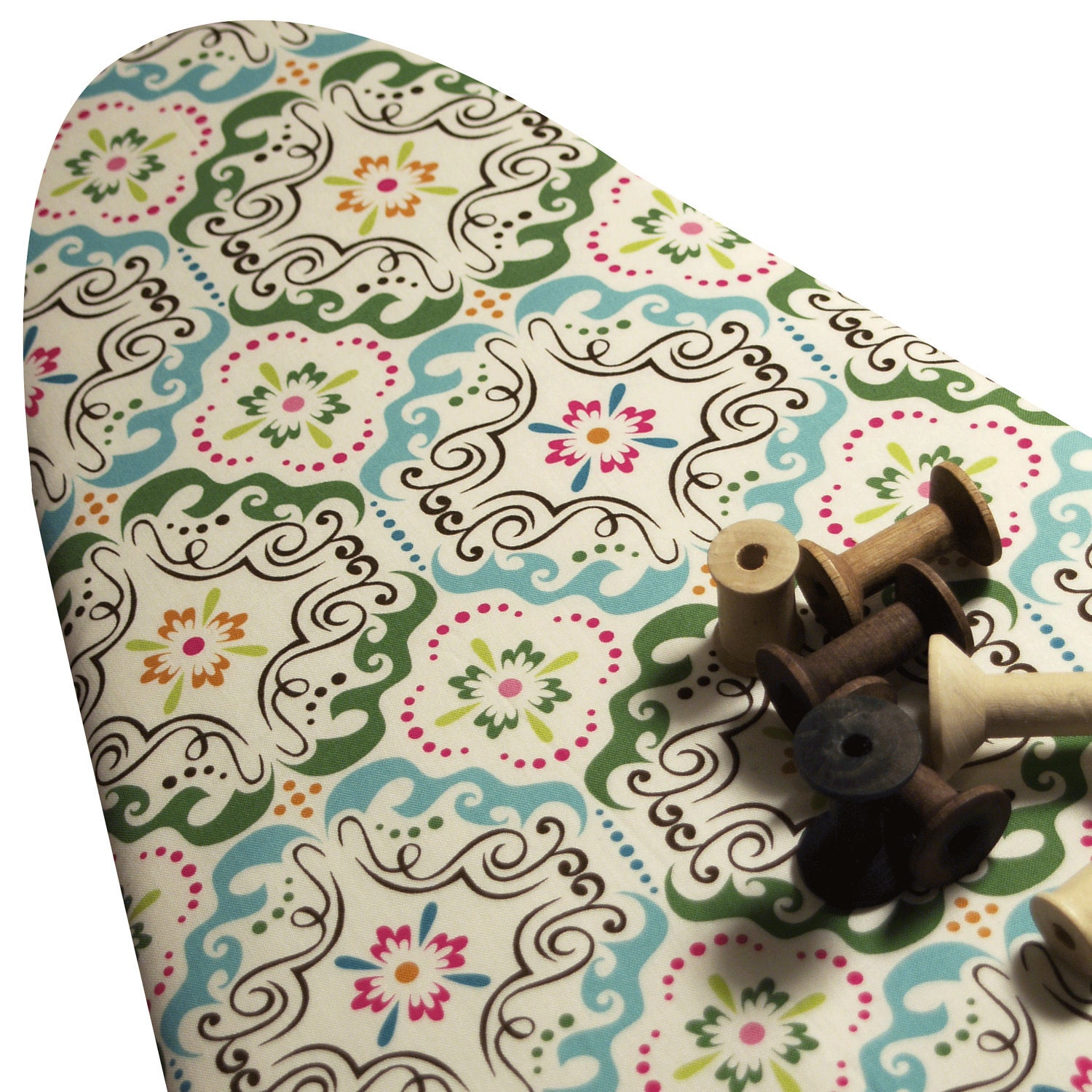 Ironing Board Cover with ELASTIC AROUND EDGE made with swirly damask green aqua blue pink on white
