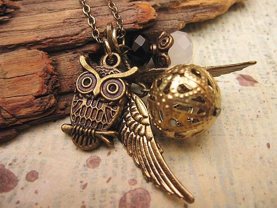 Ornate Golden Snitch Necklace with crystals and owl accent