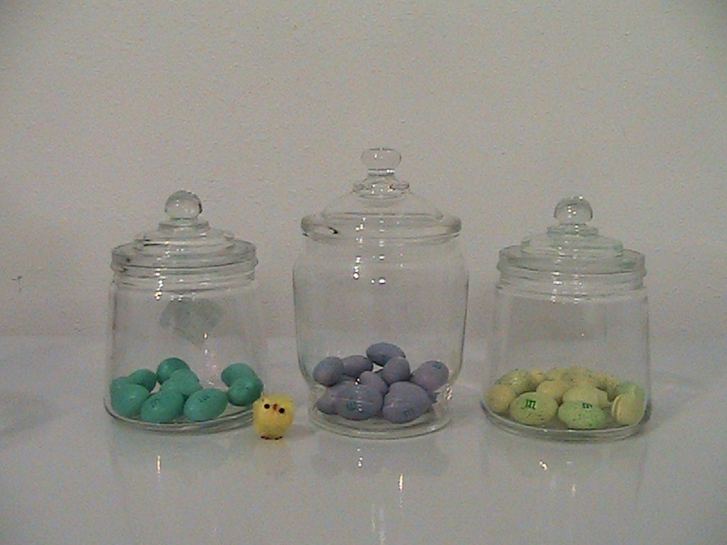 Sale was 21.00 - Vintage Apothecary Jars - Set of 3 - Small Apothecary Jars - Candy Jars - Terrarium
