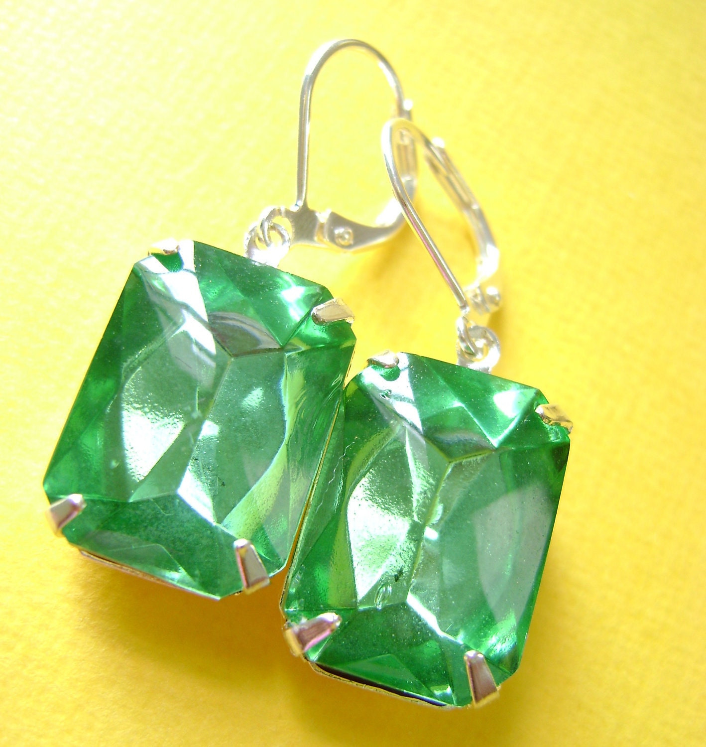 Peridot Silver Earrings Estate Style Octagon Green Rhinestone, August birthstone, bridesmaid gift, wedding jewelry, bridal
