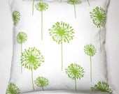 Decorative Throw Pillow Cover 18 x 18 Inch -  Green Dandelions on White - Invisible Zipper Closure - Fabric on Both Sides