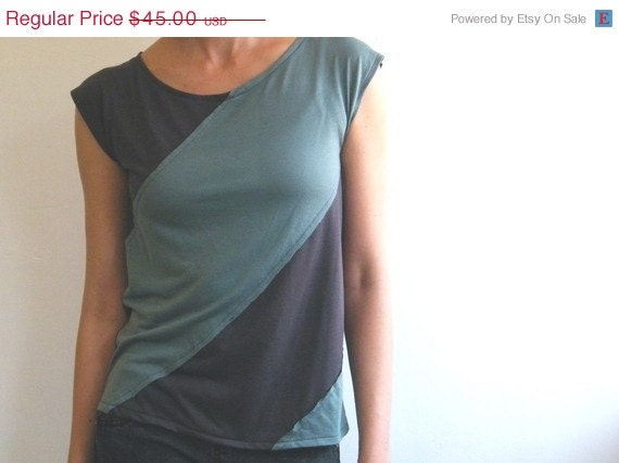 25% off SALE Shirt, Diagonal top in green and charcoal jersey