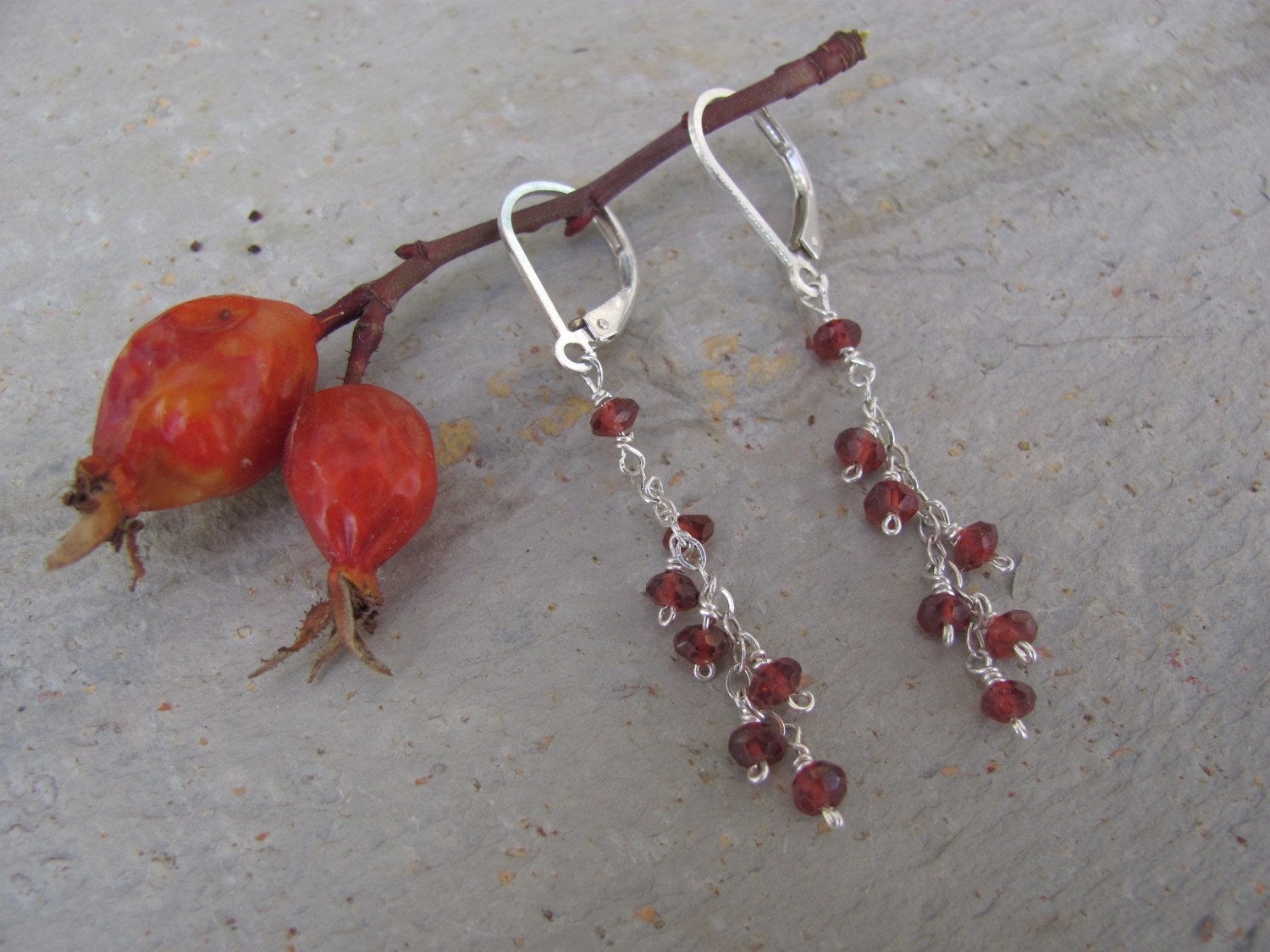 Garnet Seed & Silver Dangle Earrings