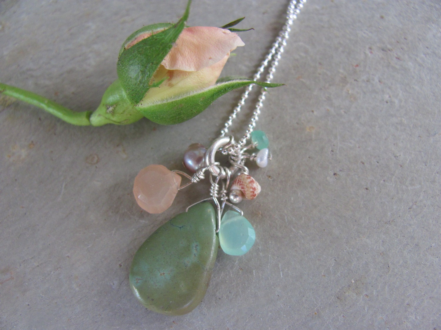 Seaside Chrysoprase, Pink Moonstone, Pearl, Andalusite and Niihau Shell on Sterling Ball Chain Necklace