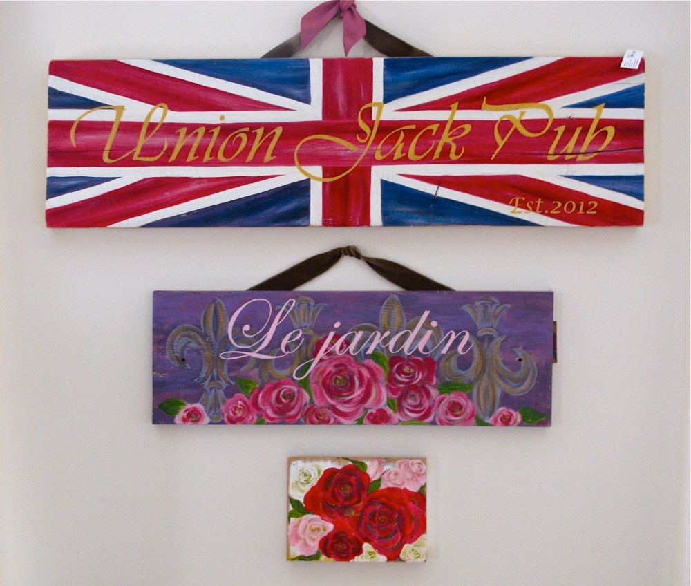 Designer's choice Union Jack Le Jardin roses original painting on reclaimed rustic solid wood