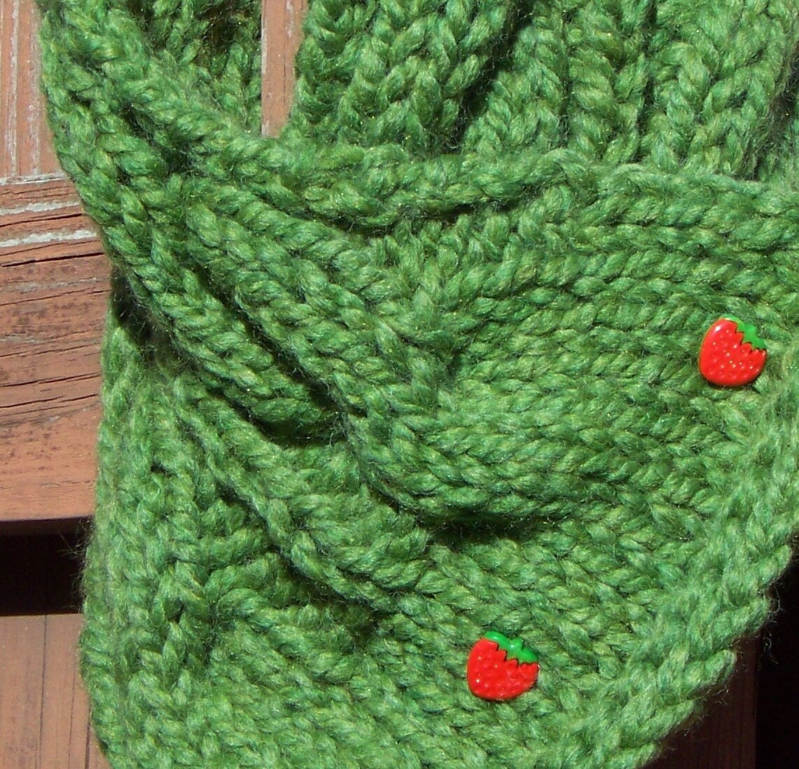 Grass Green Cabled Cowl with Strawberry Buttons