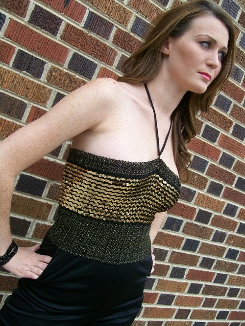 SALE 80s Disco GLAM Sequined Tube Top Pantsuit